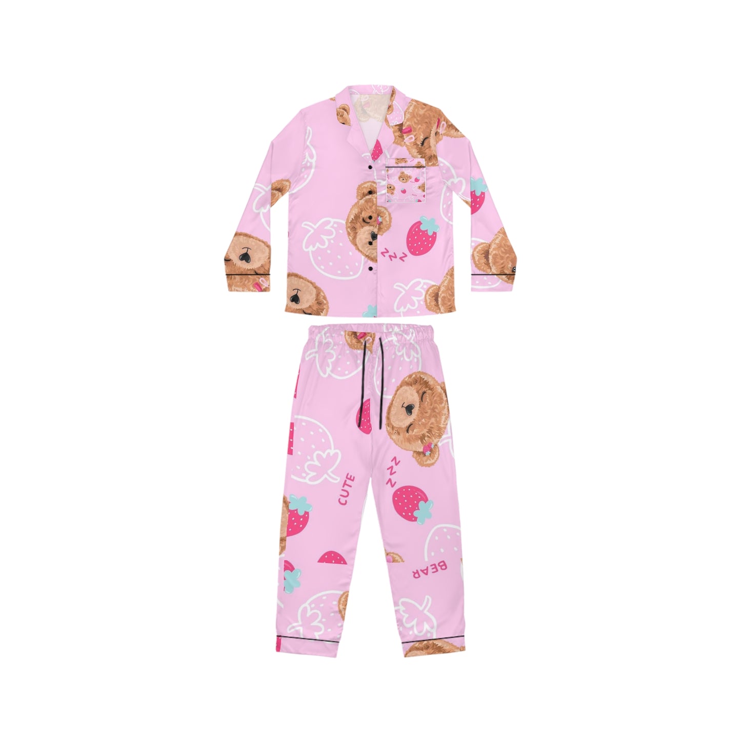 Cozy Satin Pajama Set for Women, Cute Bear and Strawberry Print, Perfect for Sleepovers, Self-Care, Birthdays, and Relaxation