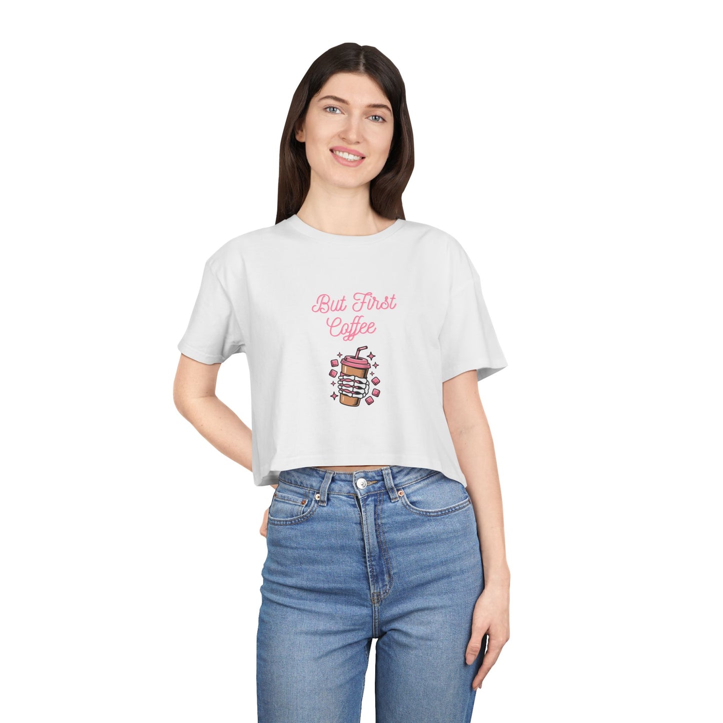 But First Coffee Women's Crop Tee, Cute Coffee Shirt, Casual Style, Gift for Coffee Lovers, Summer Fashion, Trendy Crop Top