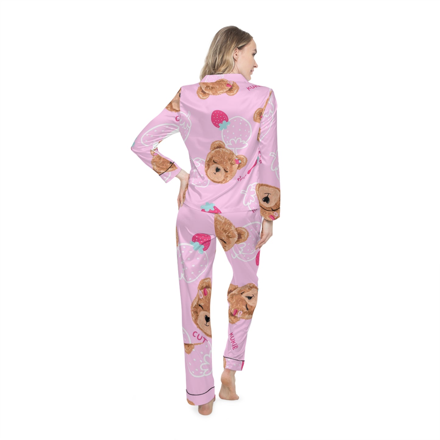 Cozy Satin Pajama Set for Women, Cute Bear and Strawberry Print, Perfect for Sleepovers, Self-Care, Birthdays, and Relaxation