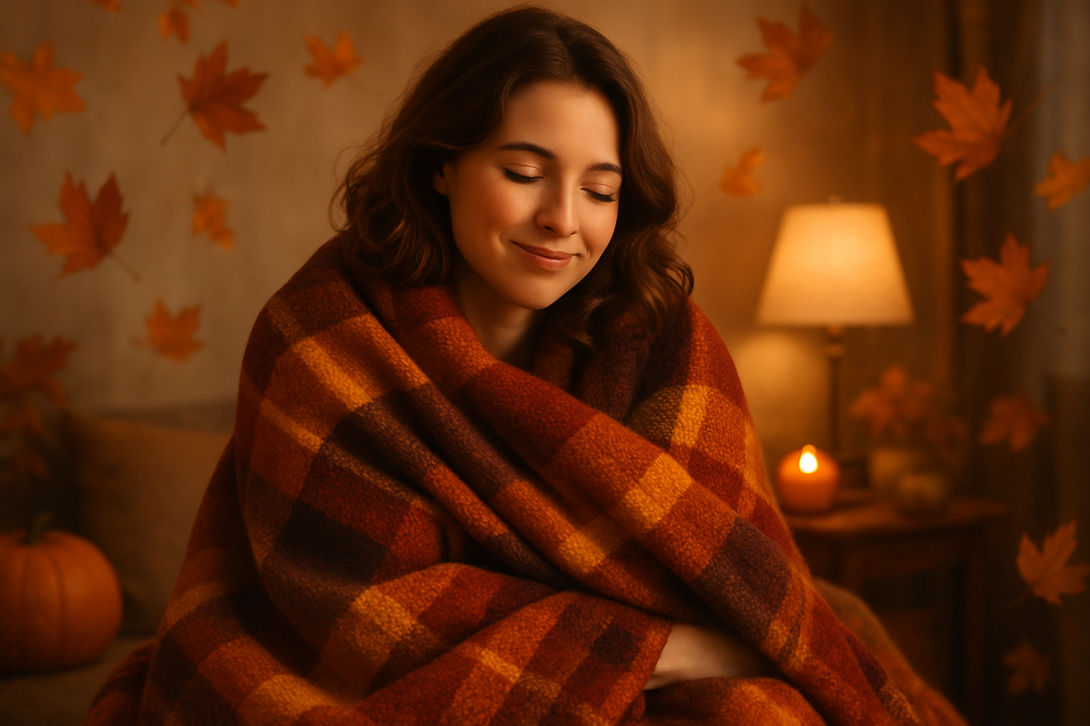 Lady with cozy fall blanket 